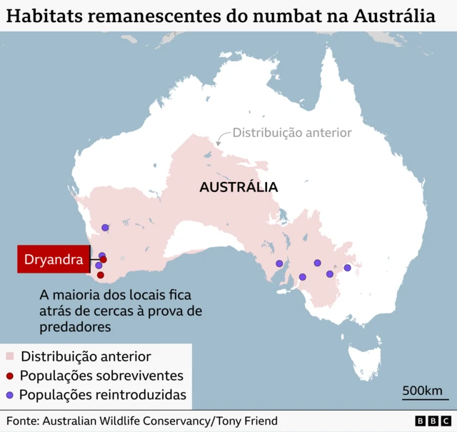 Mapa da Austrália mostrando os habitats remanescentes do numbat.