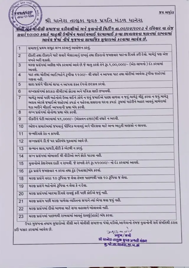 સમાજના મંડળની સભામાં મંજૂર મુદ્દાઓ