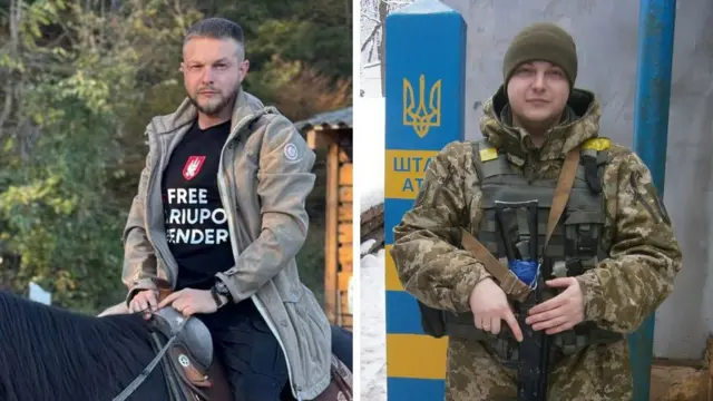 Ліворуч сидить чоловік на коні, а праворуч стоїть у формі з рушницею