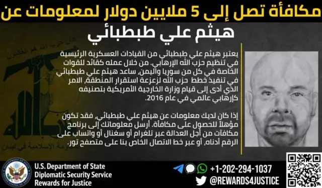 وزارت خارجه آمریکا هيثم علی طباطبایی را «تروریست بین‌المللی» خوانده بود و تا سقف ۵ میلیون دلار برای اطلاعات درباره او جایزه تعیین کرده بود.