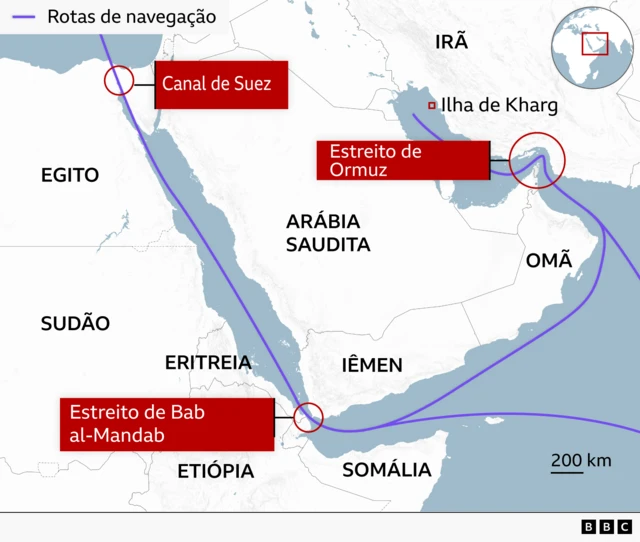 Mapa mostra a localização do Estreito de Bab al-Mandab, ao sul do Mar Vermelho, entre o Djibuti e o Iêmen. Ao norte do Mar Vermelho, o mapa destaca ainda o Canal de Suez, localizado no nordeste do Egito, e o Estreito de Ormuz a nordeste, entre o Irã e a Península Arábica.