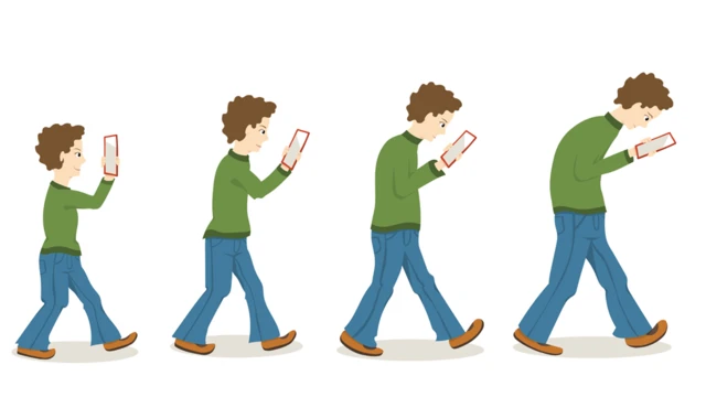 Dibujo de personas encorvadas con el celular