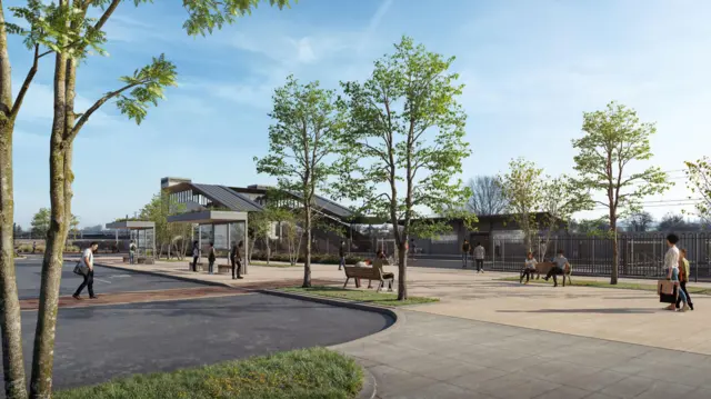 Recreación artística del exterior de una estación de tren. Hay un puente sobre las vías y vallas metálicas delante. Frente a este, hay árboles, bancos, paradas de autobús y gente paseando.