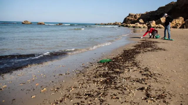 رجال ينظفون الرمال من القطران في الخضيرة