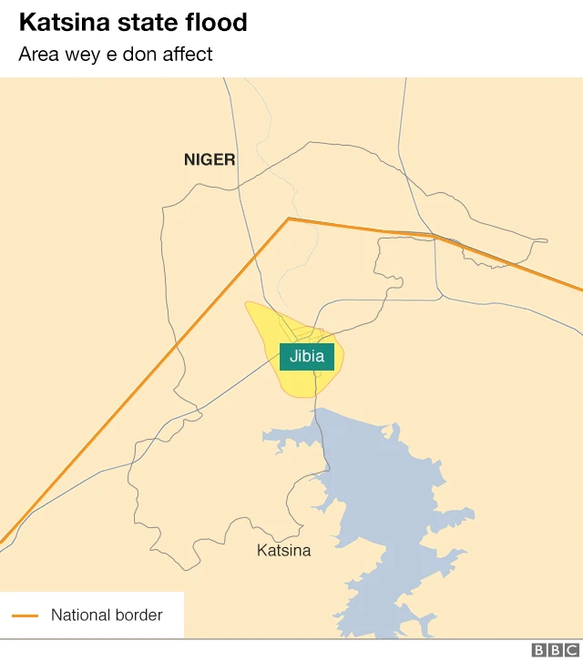 Map of area wey flood happun for Katsina State