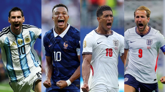 Montagem com fotos de Messi, Mbappé, Jude Bellingham e Harry Kane.