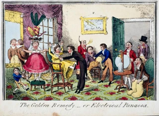 Pintura satírica de 1818 critica o uso da estimulação elétrica como remédio definitivo para a histeria.