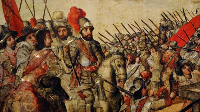 Obraz pochodzi z lat 1676-1700. Przedstawia brodatych mężczyzn w zbrojach, na koniach, trzymających długie lance i czerwone proporce