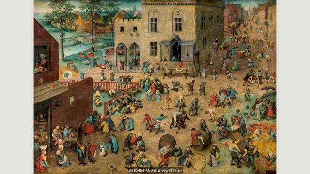 在1560年的作品《儿童游戏》中，幼儿和青少年接管了一个市镇广场，尽情玩乐。