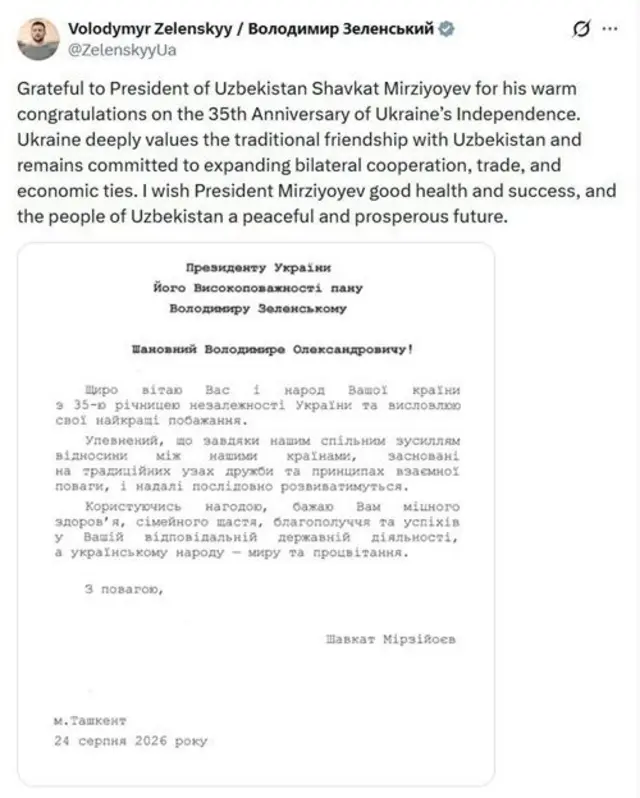 Зеленский Президент Мирзиёевнинг Украин тилидаги табригини эълон қилди