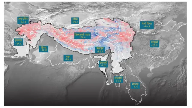 पूर्वमा म्यान्मारदेखि पश्चिममा अफगानिस्तानसम्मका अग्ला हिमालहरू फैलिएको हिन्दुकुश हिमालय क्षेत्रका १२ वटा नदी क्षेत्र