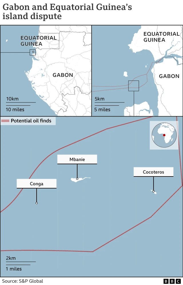 Une carte montrant l'emplacement des trois îles les unes par rapport aux autres, du Gabon et de la Guinée.