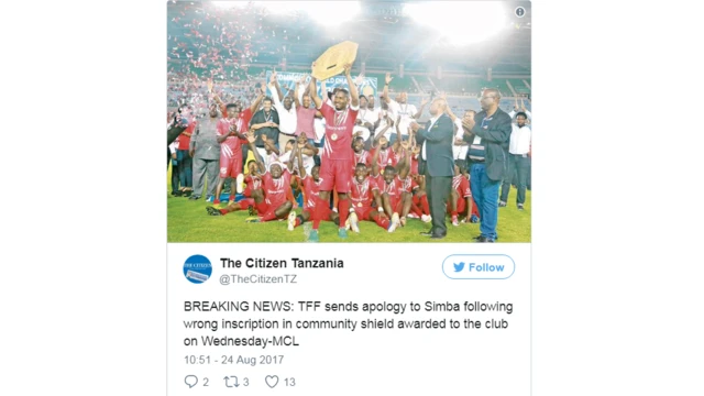 Ujumbe wa Twitter wa kuomba msamaha uliotumwa na shirikisho la soka nchini humo TFF