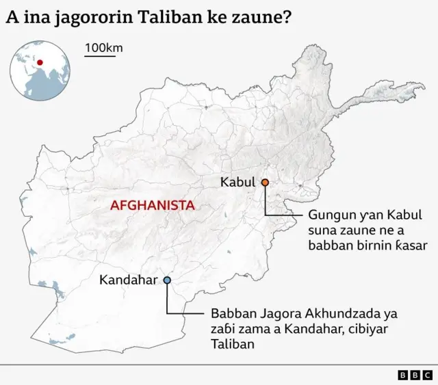 Map of Afghanistan showing where the Taliban leadership is based. In the city of Kandahar, an annotation says that Supreme leader Akhundzada has chosen to based himself in there, since it’s a base of power for the Taliban. In the city of Kabul, an annotation says that the so-called Kabul group are based in the country’s capital.