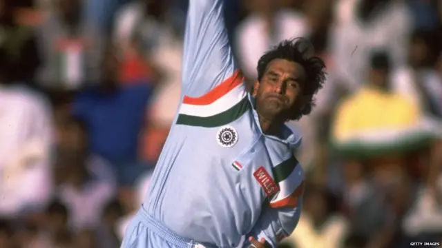 11 Dec 1997: Rajesh Chauhan of India bowling during the Singer Champions Trophy in Sharjah