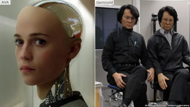科幻片 Ex-Machina里的机器人女主角埃娃，现实世界里日本机器人专家石黑浩跟以自己为原型制作的仿真机器人