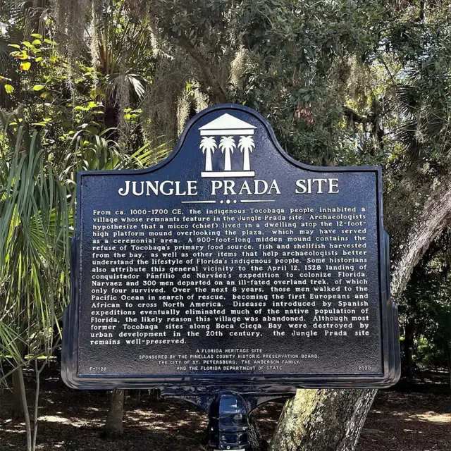 Placa histórica del sitio arqueológico Jungle Prada, rodeada de árboles y vegetación, con información sobre el pueblo indígena tocobaga y la expedición de Pánfilo de Narváez.
