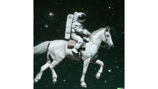 Imagem criada com o sistema DALL-E para frase: 'um astronauta cavalgando no espaço'