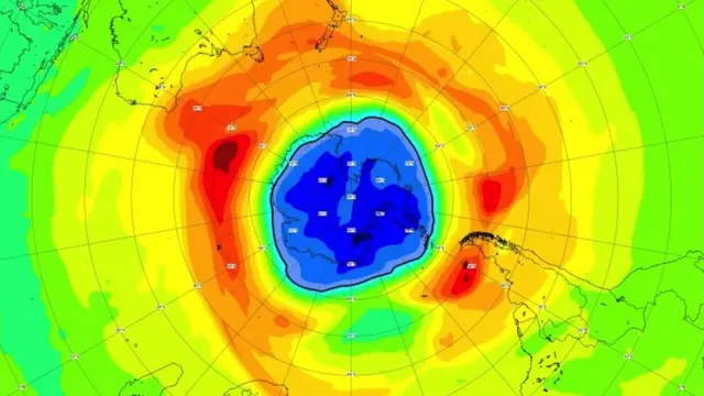 Photo made available by the European Space Agency (ESA) shows a map of the ozone hole over the South Pole