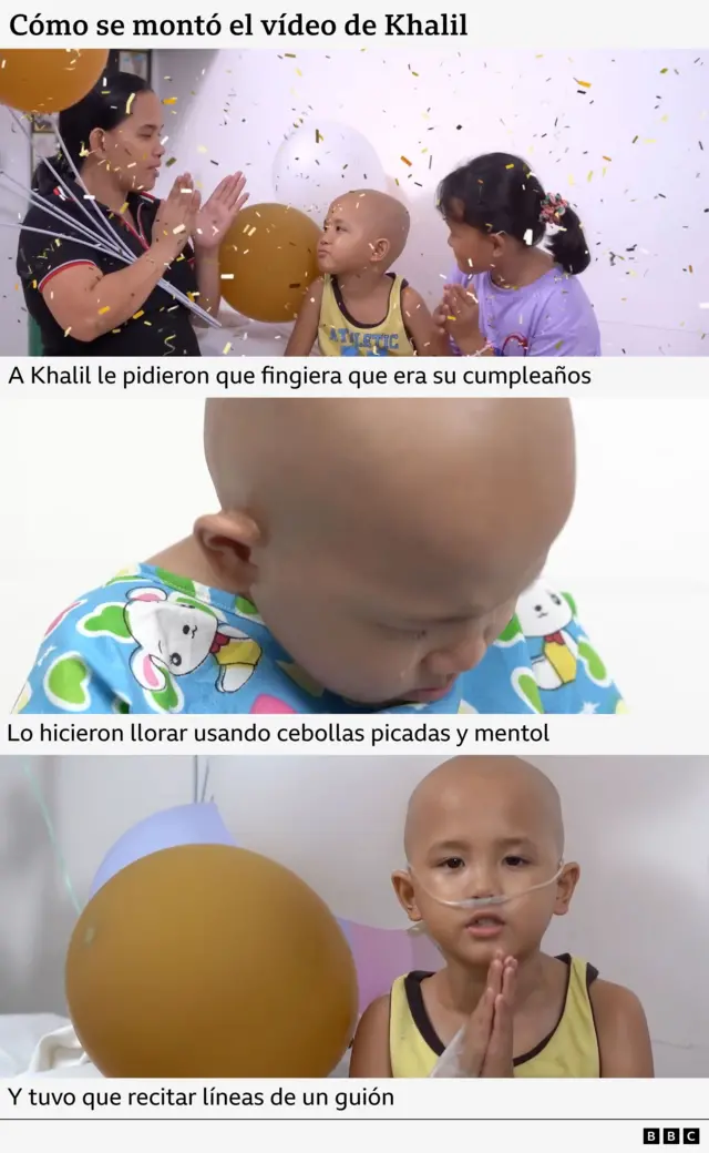 Imágenes del video que los estafadores grabaron de Khalil. Se ven tres imágenes, en una el niño, que no tiene pelo, celebra con su madre y una enfermera su cumpleaños en el hospital, en otra llora cabizbajo, y en la tercera imagen reza mientra lleva una cánula de oxígeno sujeta a su nariz