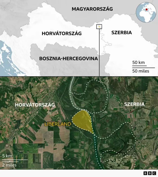 Térkép, amely kiemeli Liberland vitatott helyzetét Horvátország és Szerbia között.