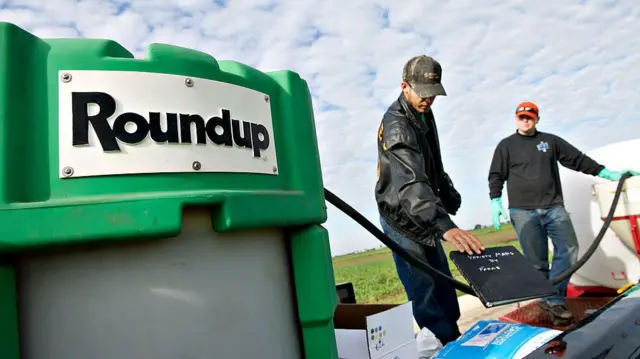 Homens trabalhando com herbicida Roundup, da Monsanto