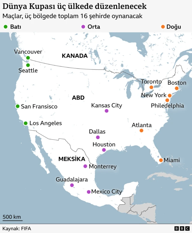 Kanada, Amerika Birleşik Devletleri ve Meksika olmak üzere üç ülkedeki 2026 Dünya Kupası'na ev sahipliği yapacak şehirleri gösteren harita. 16 şehir, her biri farklı bir renkle işaretlenmiş üç bölgeye ayrılmış. 