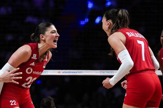 İkin Aydın and Hande Baladin şampiyonluğun ardından karşılıklı sevinç çığlıkları atıyor