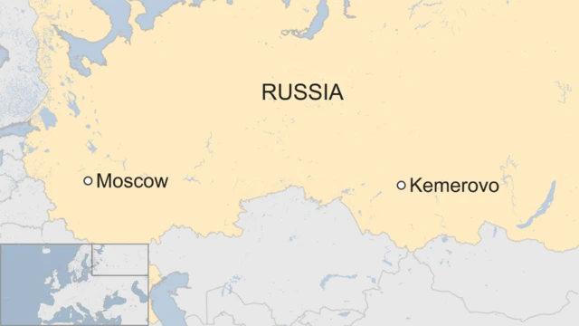 Map shows the cities of Moscow and Kemerovo in Russia