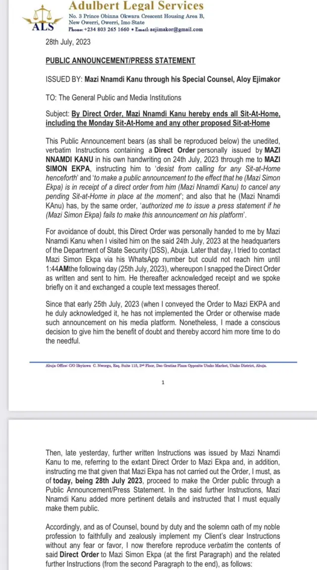 Aworan iwe aṣẹ Nnamdi Kanu ti agbẹjọro rẹ fi sita