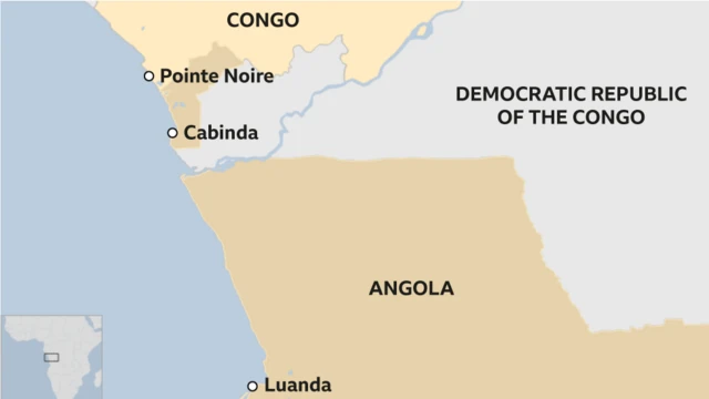 Map showing Angola, Congo and DR Congo