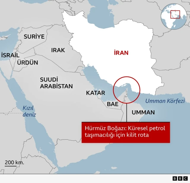 Harita, küresel petrol taşımacılığı için önemli bir rota olan Umman Körfezi'ndeki Hürmüz Boğazı'nın konumunu göstermektedir. Boğaz, İran ile Birleşik Arap Emirlikleri ve Umman yarımadası arasında yer almaktadır. Harita ayrıca Suudi Arabistan, Irak, Ürdün ve İsrail de dahil olmak üzere daha geniş Orta Doğu bölgesindeki ülkeleri de göstermektedir.