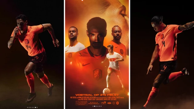 Tijjani Reijnders (kiri), Cody Gakpo, Frenkie de Jong, Memphis Depay dan Virgil van Dijk (kanan) mengenakan kostum kandang timnas Belanda pada 2026.