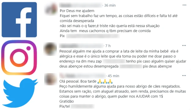 Logotipos do Facebook, Instagram e Twitter, ao ladodeposito mínimo betanopostagens com pedidosdeposito mínimo betanodoação via Pix