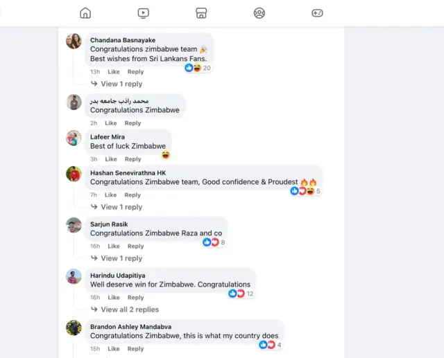 ශ්‍රී ලංකා ක්‍රිකට් ආයතනයේ ෆේස්බුක් ගිණුමේ පළකර තිබු සටහනකට ක්‍රීඩා ලෝලීන් සිය අදහස් පළකරමින් සිම්බාබ්වේ ක්‍රීඩකයින්ගේ දක්ෂතාවය සහ කණ්ඩායම් හැඟීම පිළිබඳව සුබ පැතුම් එක් කර තිබුණේ මෙලෙසයි.