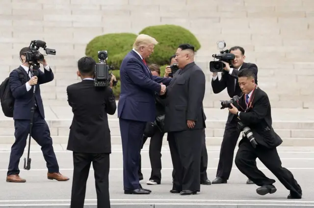 President Trump met the North Korean leader, Kim Jong-un, at the demarcation line between North and South Korea on 30 June. The two men shook hands, with Mr Kim saying he had never expected to meet the president at this place. Mr Trump then crossed over into North Korea, the first US President to do so.