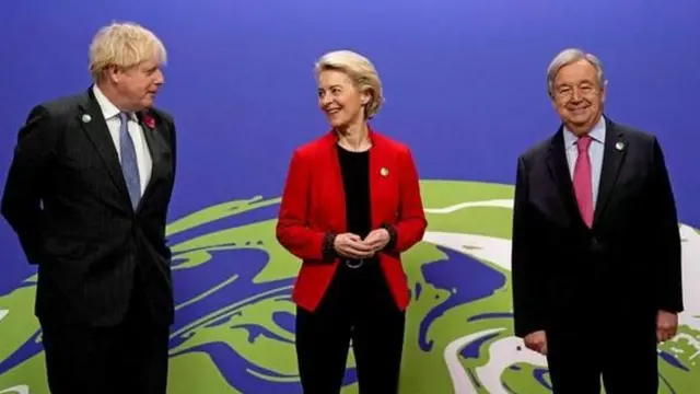 Boris Johnson and UN Secretary-General António Guterres greet European Commission President Ursula von der Leyen