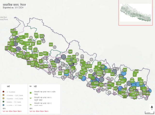 नेपालको विपद् पोर्टलमा रियल टाइममा कहाँ कति वर्षा भइरहेको छ र कुन नदीमा पानीको बहाव कस्तो छ भनेर हेर्न मिल्छ
