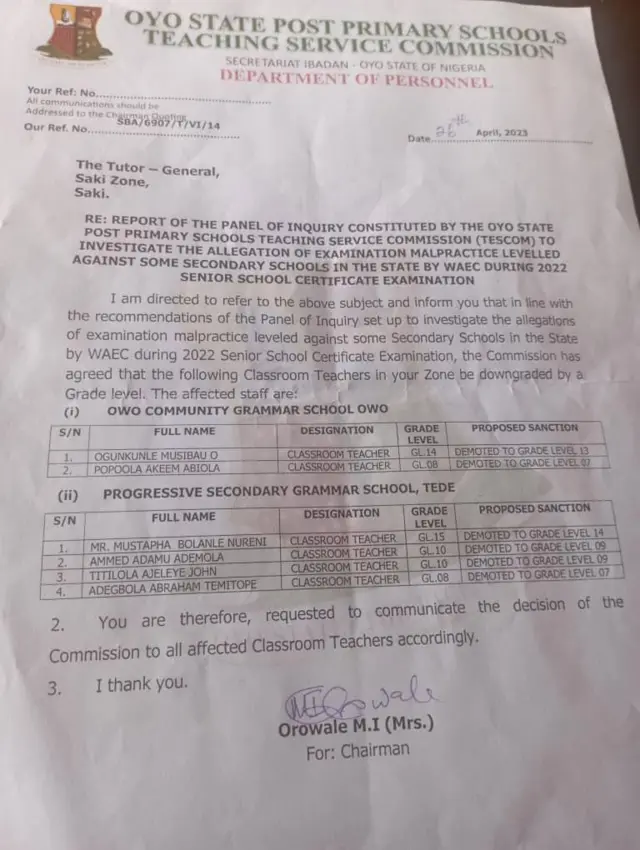Oyo teachers demoted