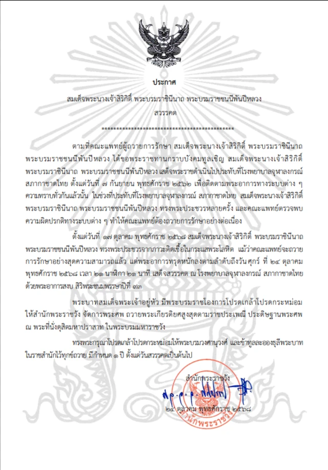 ประกาศสำนักพระราชวัง วันที่ 24 ต.ค. 2568