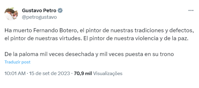 Captura de tela de mensagem de condolência de Gustavo Petro pela morte de Fernando Botero