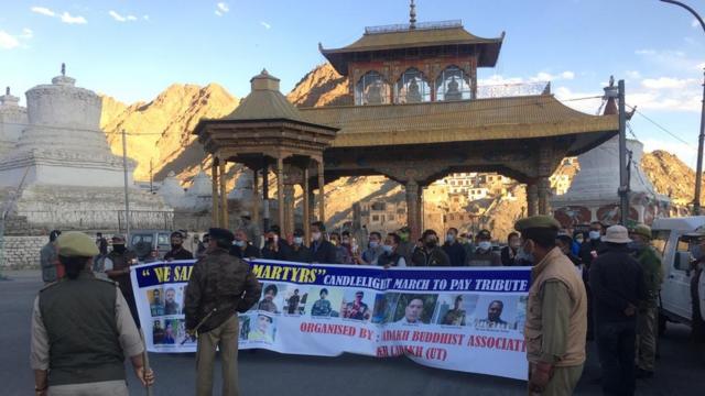 Ladakh Buddhist Association's march in Leh in memory of the killed Indian soldiers is stopped by the local police who cited the coronavirus-related lockdown.