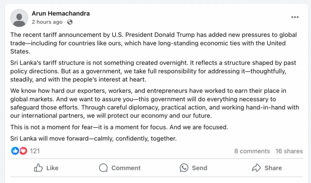 Arun Hemachandra' Facebook post.