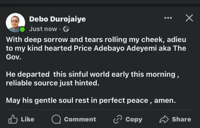 Aworan ọkan lara awọn to sunmọ oloogbe naa to tufọ rẹ