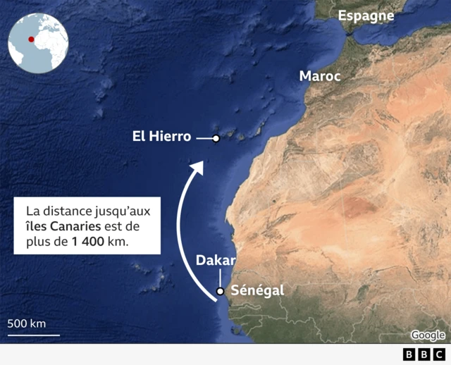 Carte de l'Afrique de l'Ouest montrant le voyage des migrants du Sénégal aux îles Canaries