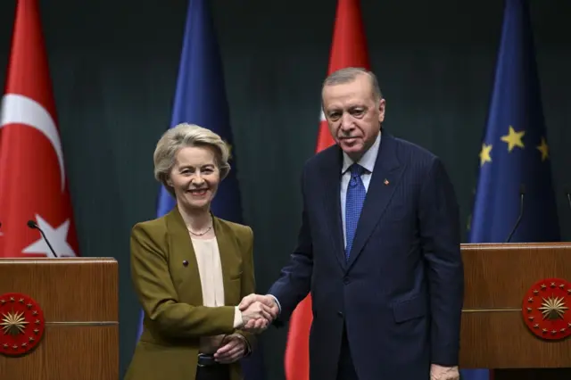 Avrupa Birliği (AB) Komisyonu Başkanı Ursula von der Leyen ve Erdoğan el sıkışıyor