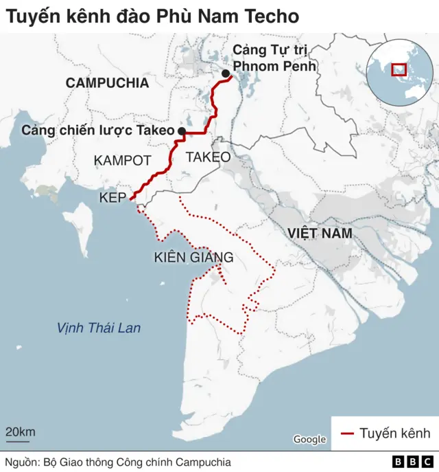 Bản đồ tuyến kênh Phù Nam Techo