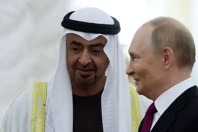صورة تجمع الرئيس الروسي فلاديمير بوتين ورئيس الإمارات محمد بن زايد آل نهيان، خلال زيارة الأخير إلى موسكو (2025).