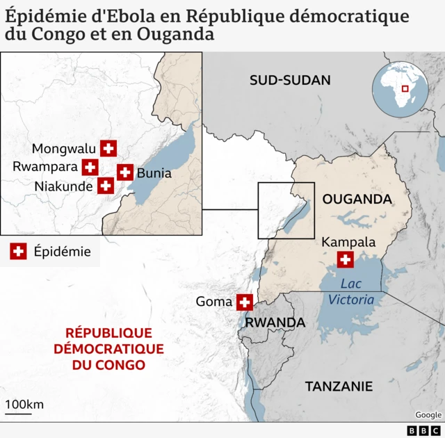 Carte du foyer de l'épidémie d'Ebola en République démocratique du Congo.