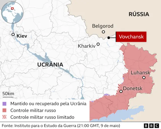 Mapa mostra as regiões tomadas pelos russos na Ucrânia